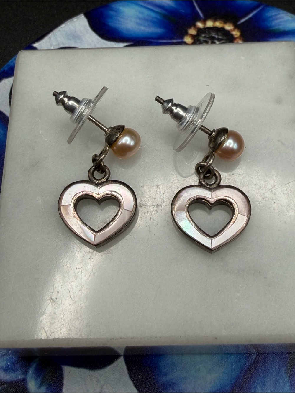 925 Pearl & Pink Heart Drop Dangle Earrings PB925 Sterling Silver #S18 Appx 7/8”